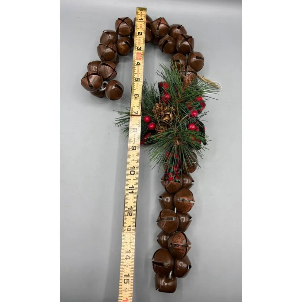 Candy Cane‎ Christmas Jingle Bell Decoration W/ Pinecone & Berry Accent 15